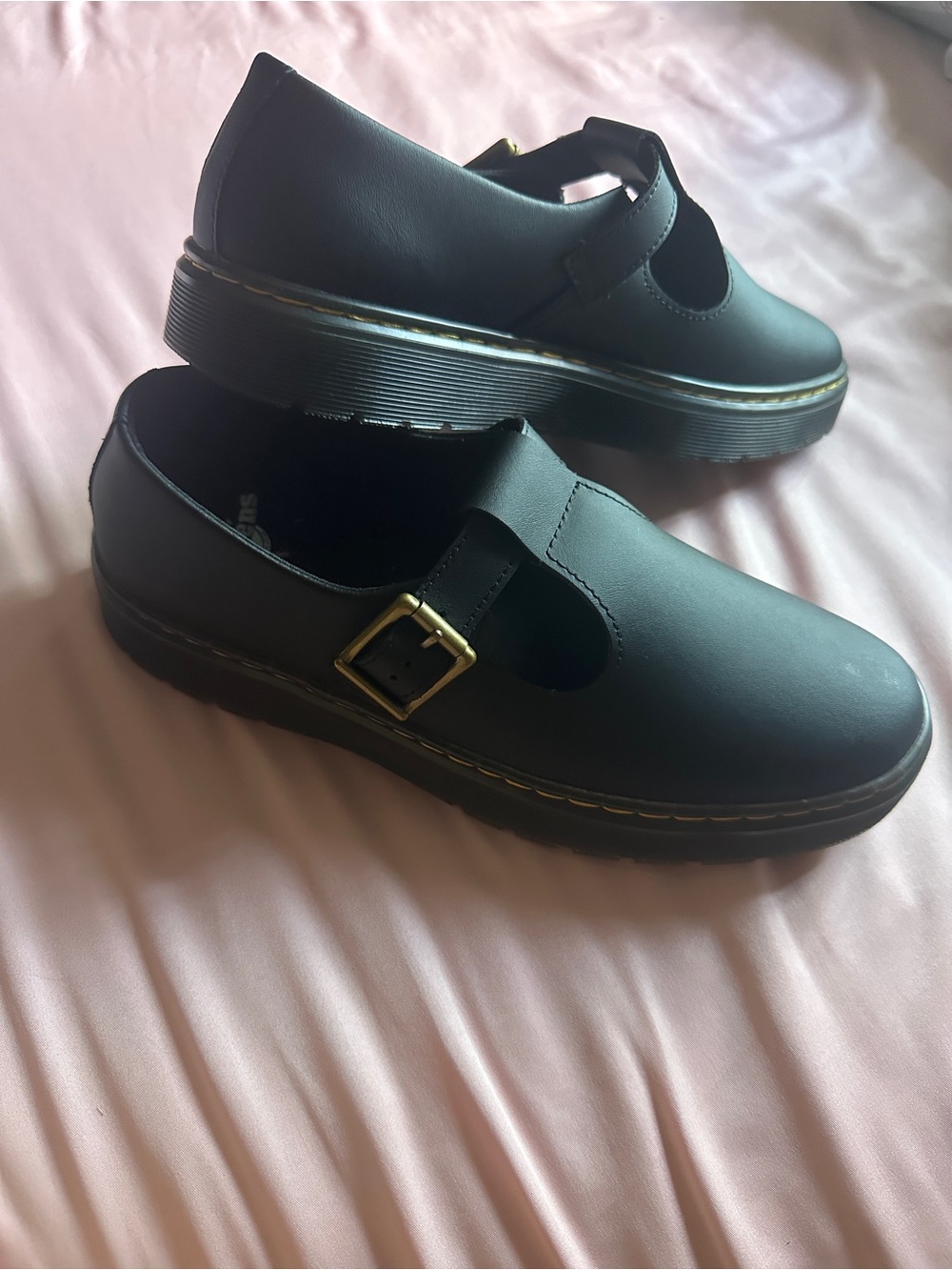 Dr. Martens Black Mary Jane with Gold Buckle and Yellow Stitching - Picture 1 of 4